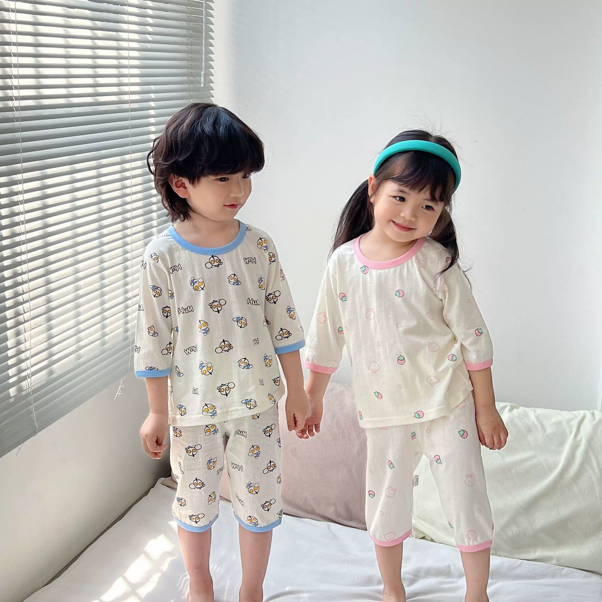 夏季薄款儿童纯棉家居服宝宝睡衣男女童空调服7分袖秋衣秋裤套装