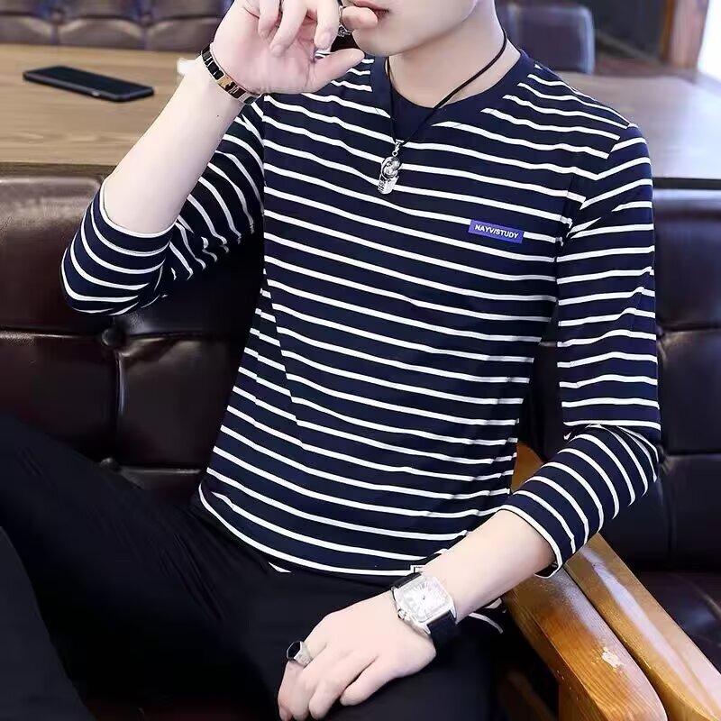 Autumn and Spring Long-Sleeved T-Shirt Men's Blue and White Stripesd Sea Soul Shirt Round Neck Navy Shirt Couple Half-Sleeved T-Shirt Large Size Export Batch