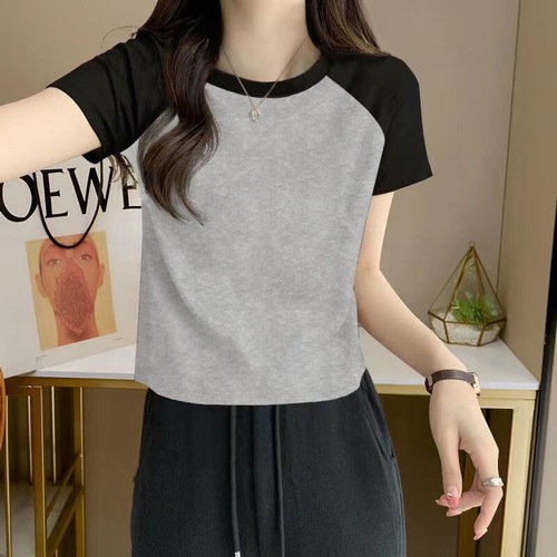 Short-sleeved pure cotton T-shirt for women, summer slimming, contrasting color, dropped shoulder round neck top
