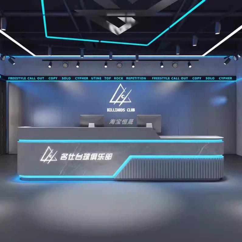 Бильярдный зал в индустриальном стиле, касса, бар, киберспортивный отель, интернет-кафе, стойка регистрации компании, бар, угловая краска из нержавеющей стали