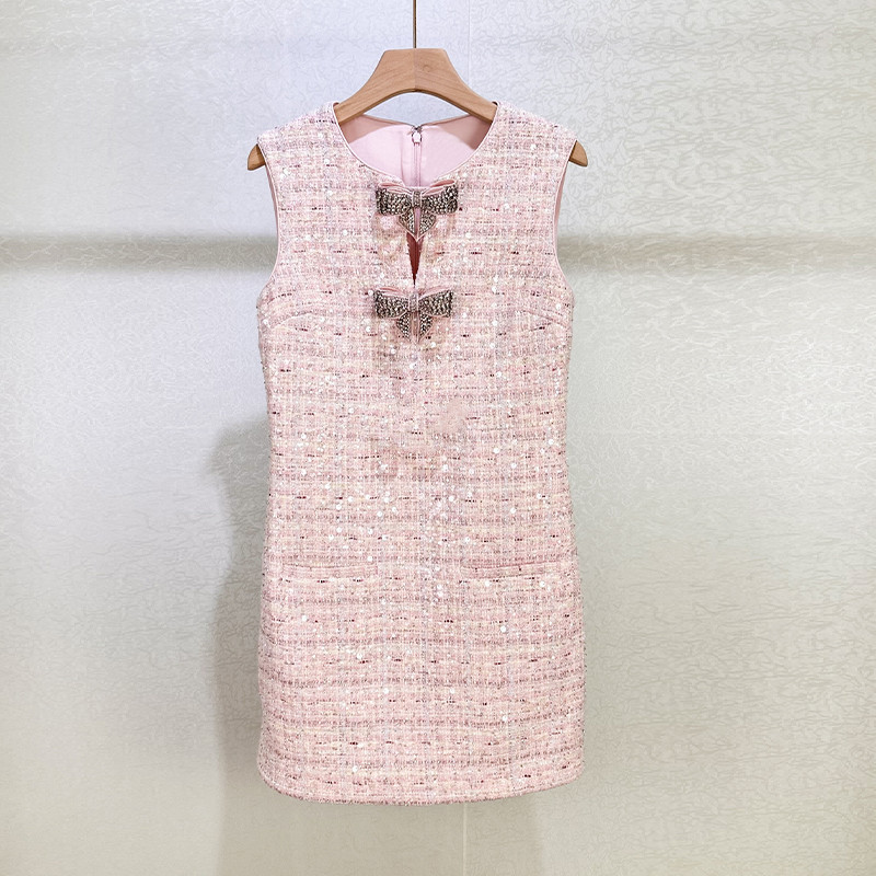 French-Style Elegant Pink Tweed Sequin Bow-Decorated Sleeveless Vest Dress for Parties and Dates