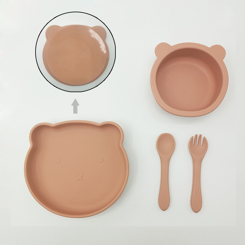 Bebé de alimentación placa cuchara Tenedor traje grado alimenticio silicona Integrado placa niños dibujos animados oso vajilla materna y infantil