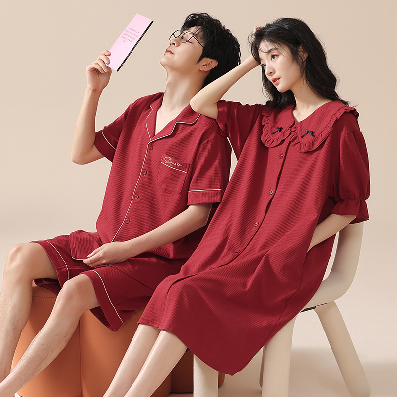 2023 verano nueva pareja pijamas de algodón de manga corta waffle camisón de las mujeres boda roja homewear hombres