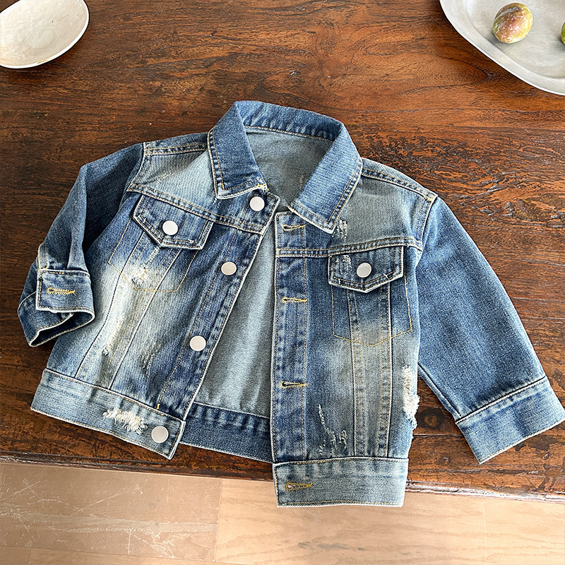 Boys' Denim Jacket 26 Spring and Autumn New Arrivals for Babies, Girls' Korean Style Children's Ripped Jacket, Cool Denim Clothing