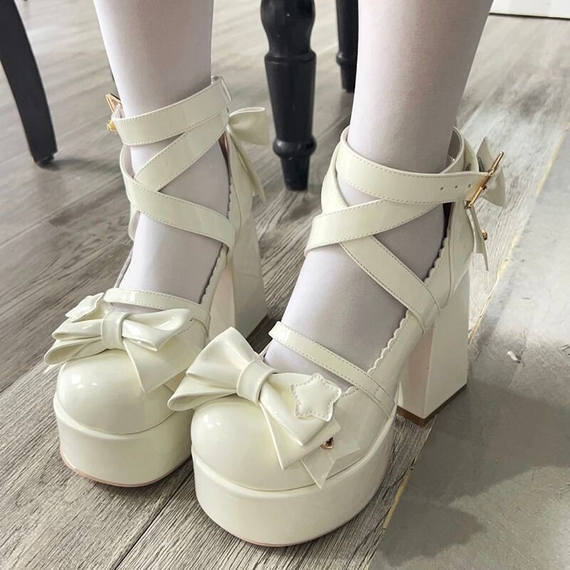Waterproof Ola Round-Toe Japanese Lolita Style Sweet Cute Mary Jane High Heels Itjk Chunky White Waterproof Ola Round-Toe Japanese Lolita Style Sweet Cute Mary Jane High Heels Itjk Chunky White