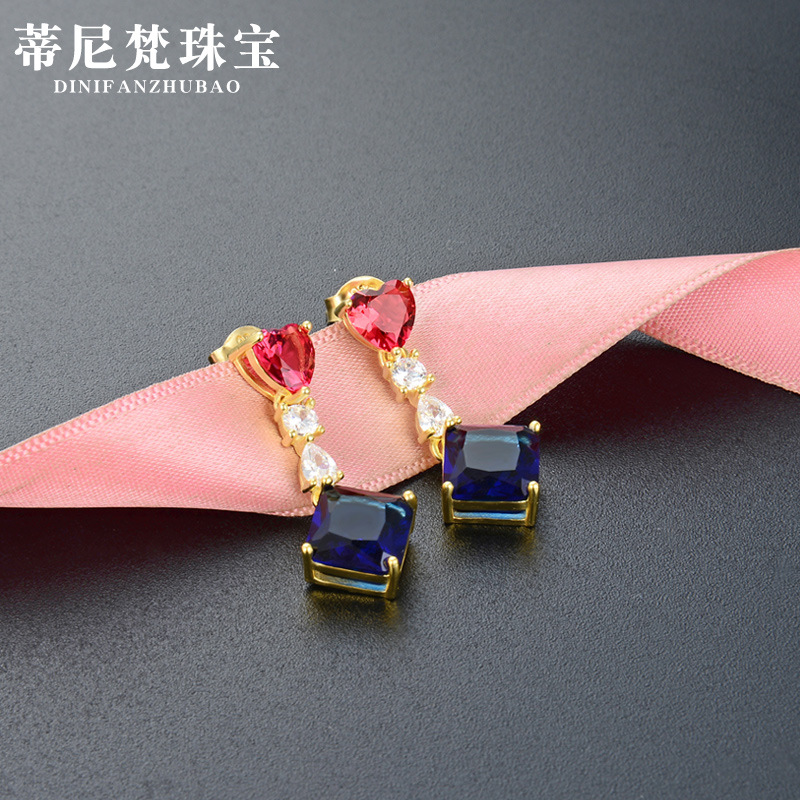 Estilo coreano simple elegante encantador Zircon Stud pendientes S925 plata esterlina pendientes de cristal cuadrado con incrustaciones de oro para las mujeres