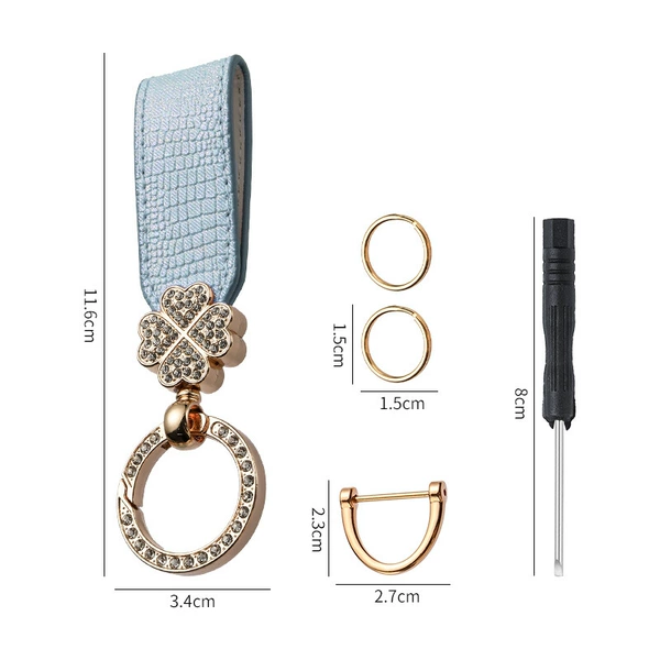 Blue keychain, crocodile print, four-leaf clover