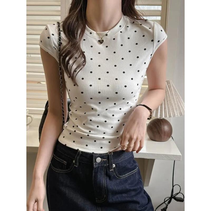 Diseño de algodón coreano punto de onda pequeño cuello redondo hombro camiseta de manga corta de mujer delgada camiseta de fondo camiseta superior de mujer