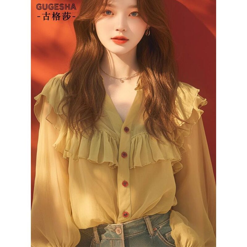 Yellow Ruffled V Neck Shirt for Women, Autum Popular Chic Niche Design Top, Elegant Chiffon Shirt