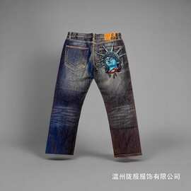 欧美跨境2025新款自由女神像复古做旧水洗牛仔裤男女潮牌直筒批发