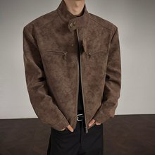 潮牌美式复古PU皮衣立领机车夹克男cleanfit宽松休闲百搭夹克外套