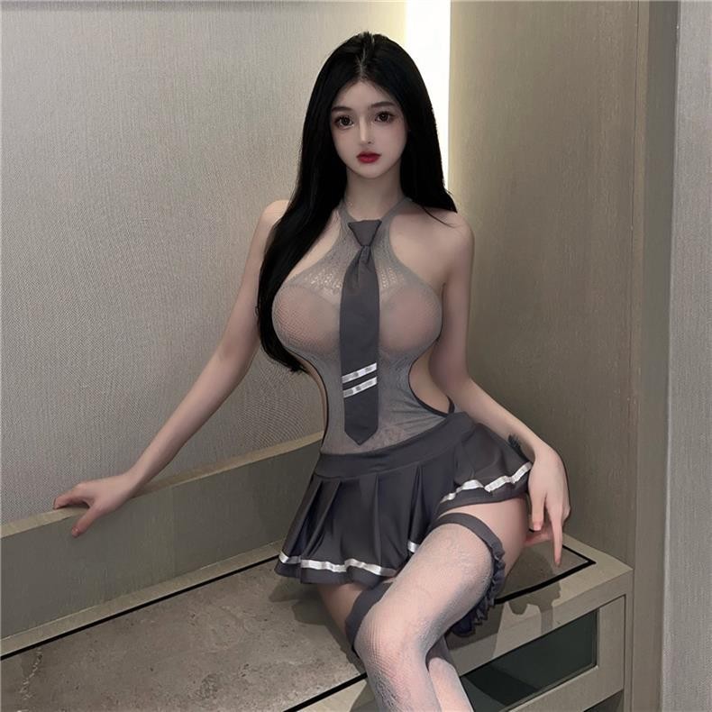 Women’s Mesh Skirt Lingerie Set with Stockings, Grey, One Size — detail image 5