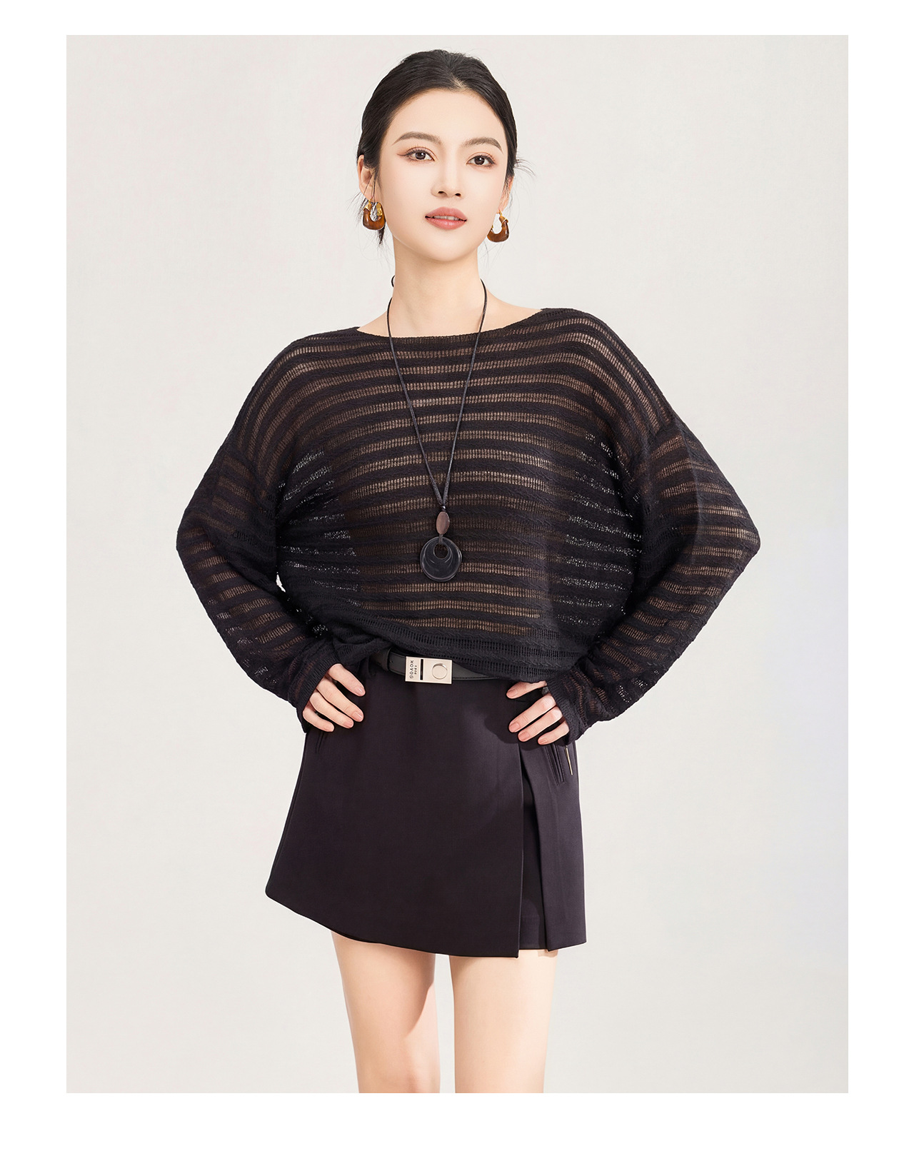 Áo len dệt kim tay dài cổ lọ phong cách lười biếng sợi lanh siêu mịn — màu đen chi tiết 24