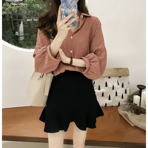 2025 Spring and Autumn New Women's Hong Kong Style Loose BF Lantern Sleeve Checkered Shirt Women's Long Sleeve Top Blouse Outerwear Trend