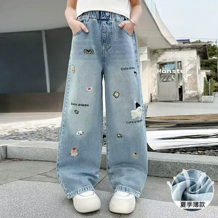 夏季女童裤子2025新款天丝牛仔裤阔腿洋气儿童女孩直筒裤时髦休闲