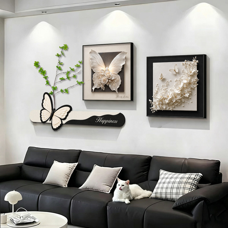 Modern living room decorative painting, featuring a sophisticated butterfly design with greenery, in an Italian minimalist style, suitable for a sofa background wall Modern living room decorative painting, featuring a sophisticated butterfly design with greenery, in an Italian minimalist style, suitable for a sofa background wall