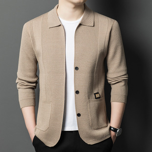 2025 Spring and Autumn Popular Knitted Cardigan Sweater for Middle-Aged Men Casual Jacquard Solid Color Lapel Long Sleeve Coat Men's Clothing