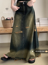 kumikumi怀旧复古毛边破洞牛仔半身裙女春季高腰显瘦A字裙长裙子