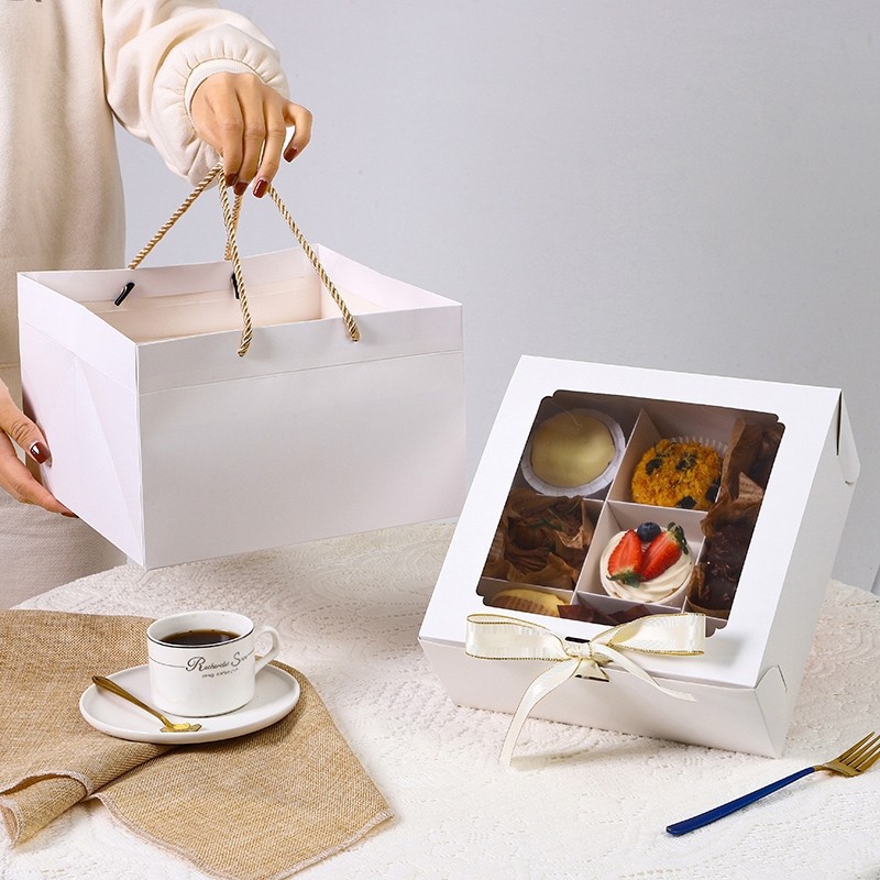 Jiugongge caja de embalaje de postre hilo de carne seca pequeña cáscara de embalaje mousse pastel de yema de huevo caja de pastelería crujiente 6-grid bolso