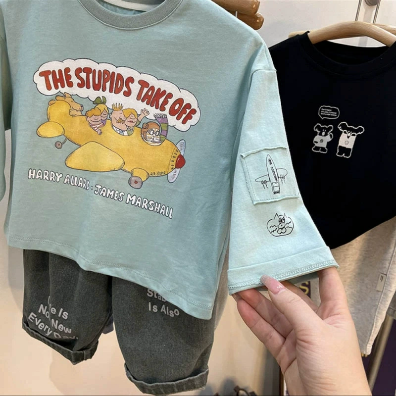 Spring children's cartoon long-sleeve, stickers for men and women, patch, T-shirt, loose fit, western style