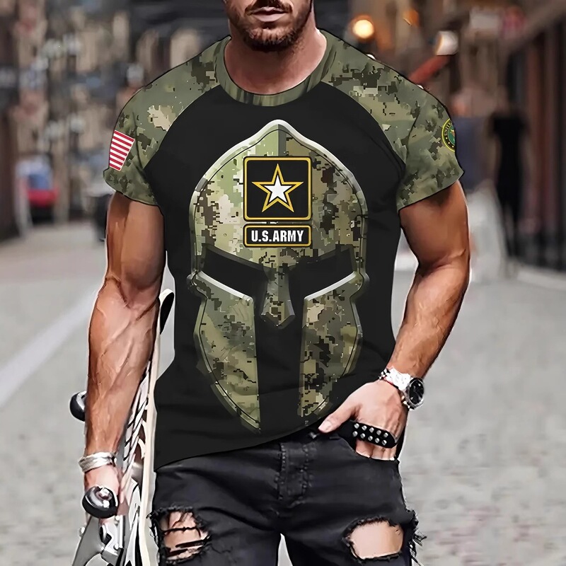 2025 Cross-Border Us Military 3D Digital Printed Men's T-Shirt Summer Casual Quick-Drying Mesh Short-Sleeved Sports Top