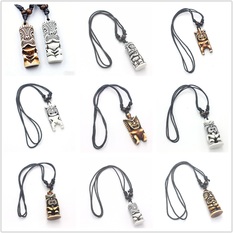 Imitation Bone Carving Tiki God Statue Resin Necklace, Adjustable Cord Length, Unisex Tiki Necklace, Cross-Border Bestseller