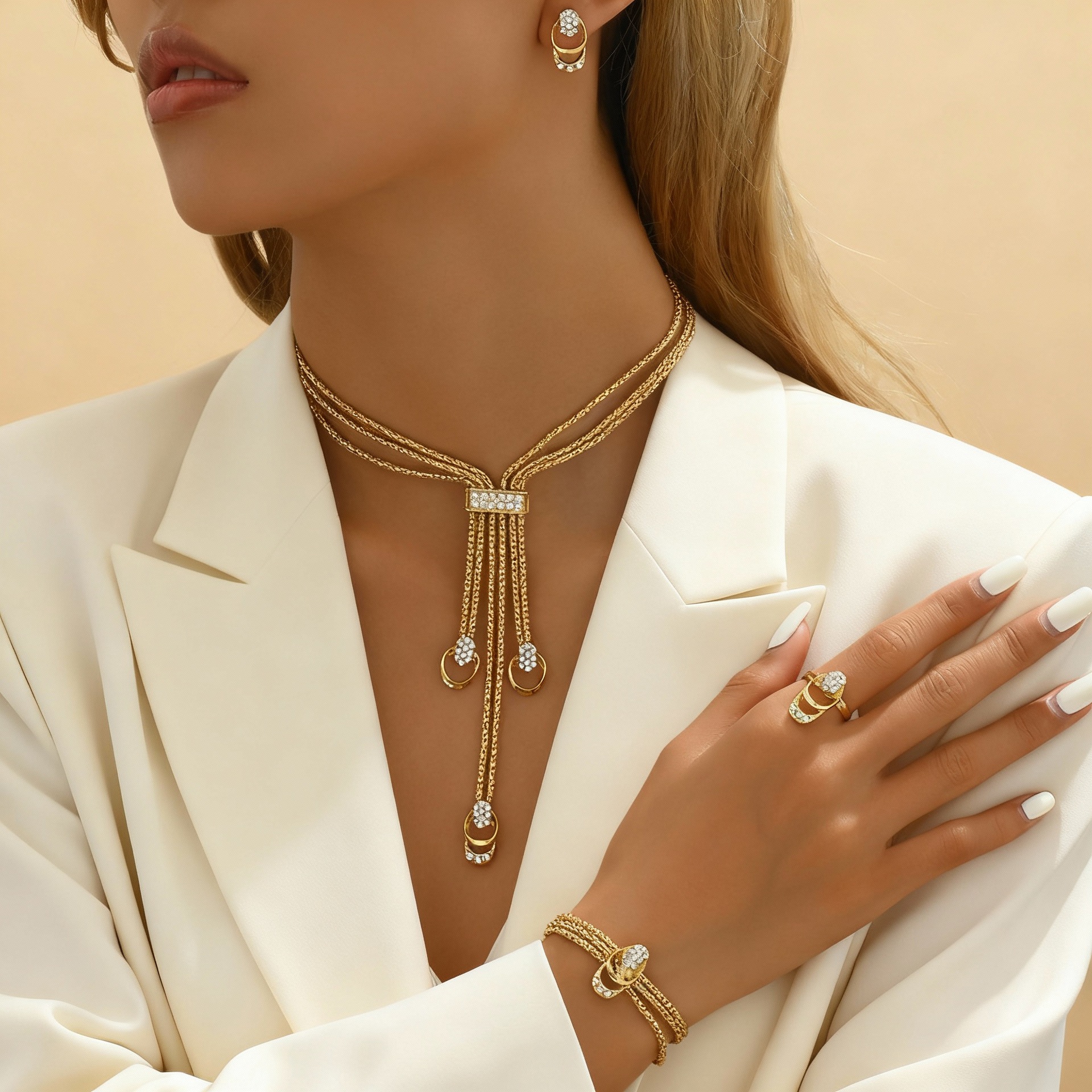 Ensemble collier et boucles d'oreilles minimaliste et frais, style européen/américain, incrusté de diamants, version coréenne, design niche, chaîne clavicule_voghion.com