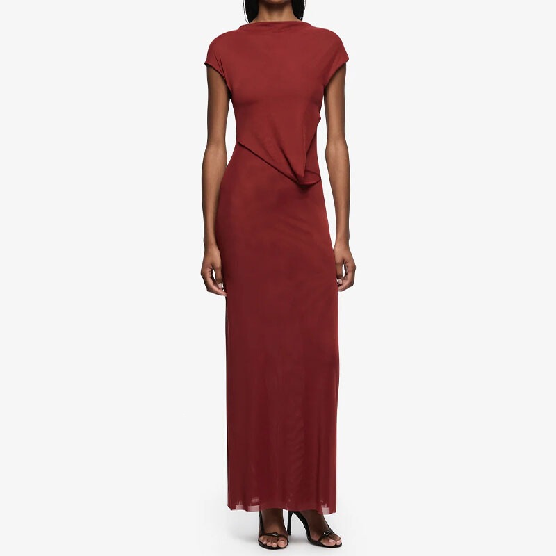 Cross-Border Ins-Style Burgundy Twisted Evening Dress with High Collar, Cap Sleeves, Slim Fit, Floor-Length Gown, Women's Foreign Trade Clothing