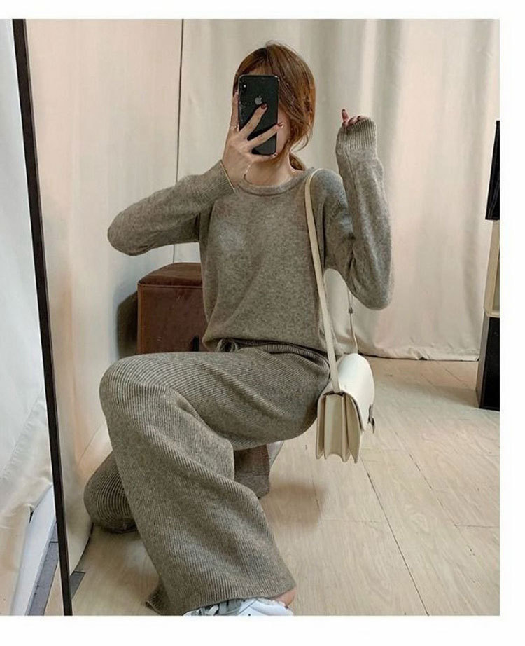Spring New Lazy Style Casual Loose Waist High Collar Sweater Wide Leg Pants Knitted Women s Piece Set_voghion.com