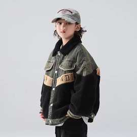 男童牛仔外套秋冬款2025新款大儿童装冬季羊羔绒夹棉加厚棉衣冬装