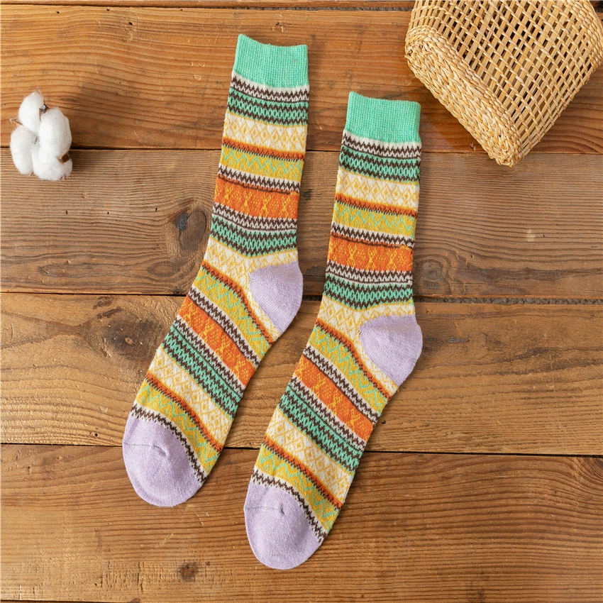 Demi‑season wool socks, retro ethnic pattern, warm ankle crew, one size (average)