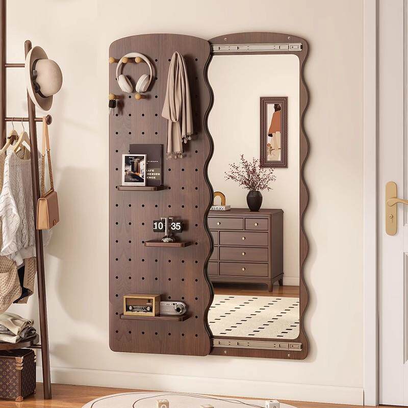 Invisible sliding mirror that can cover perforated panels, wall-mounted full-length mirror with integrated coat rack for home bedroom entrance