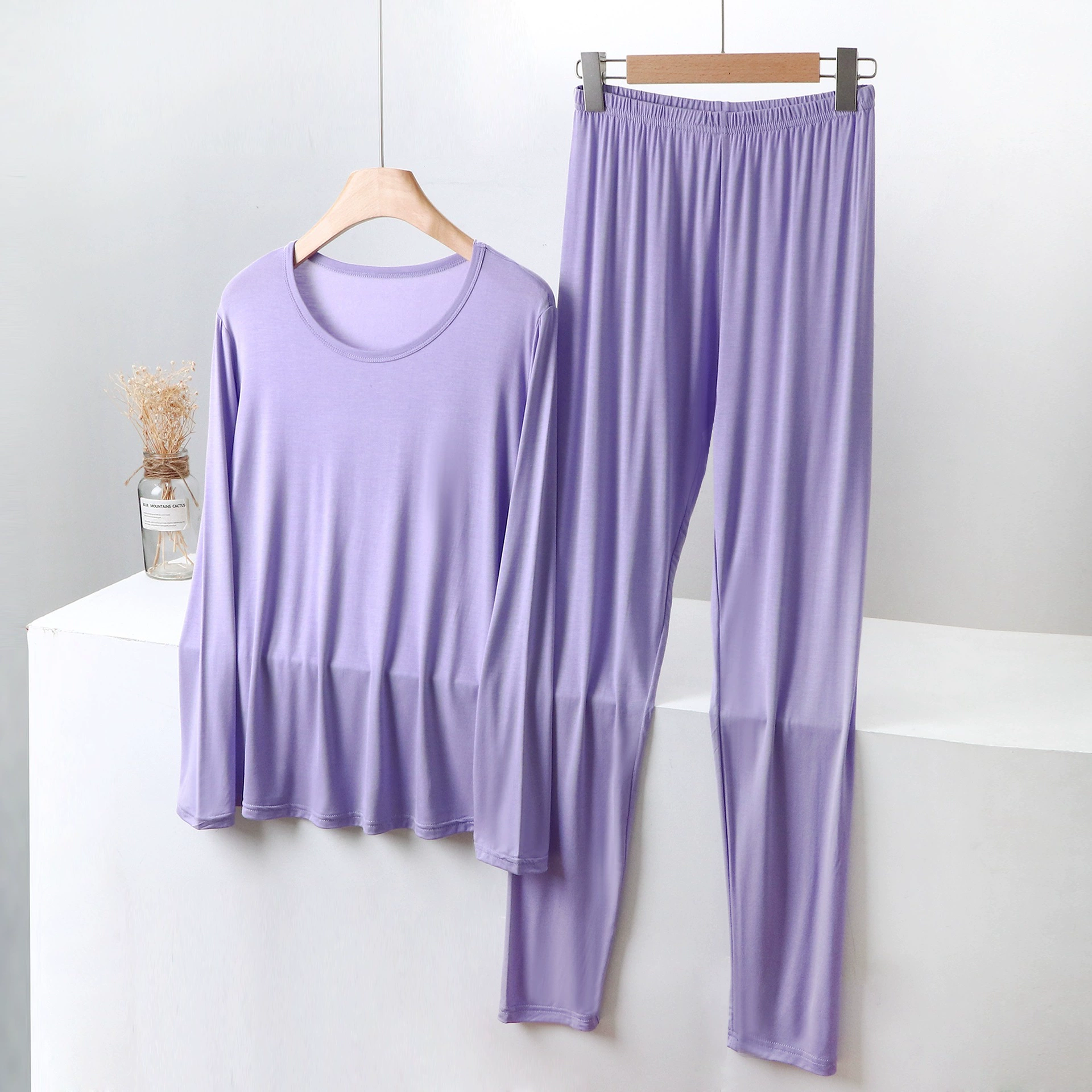 Женская осенняя одежда из модала больших размеров для пухленьких девочек, костюм-лонгслим, тонкая основа, однотонное термобелье, брюки из нитей