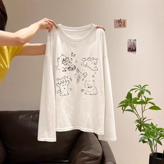 白色韩系印花微透防晒罩衫长袖T恤女2025年夏季新款宽松显瘦上衣