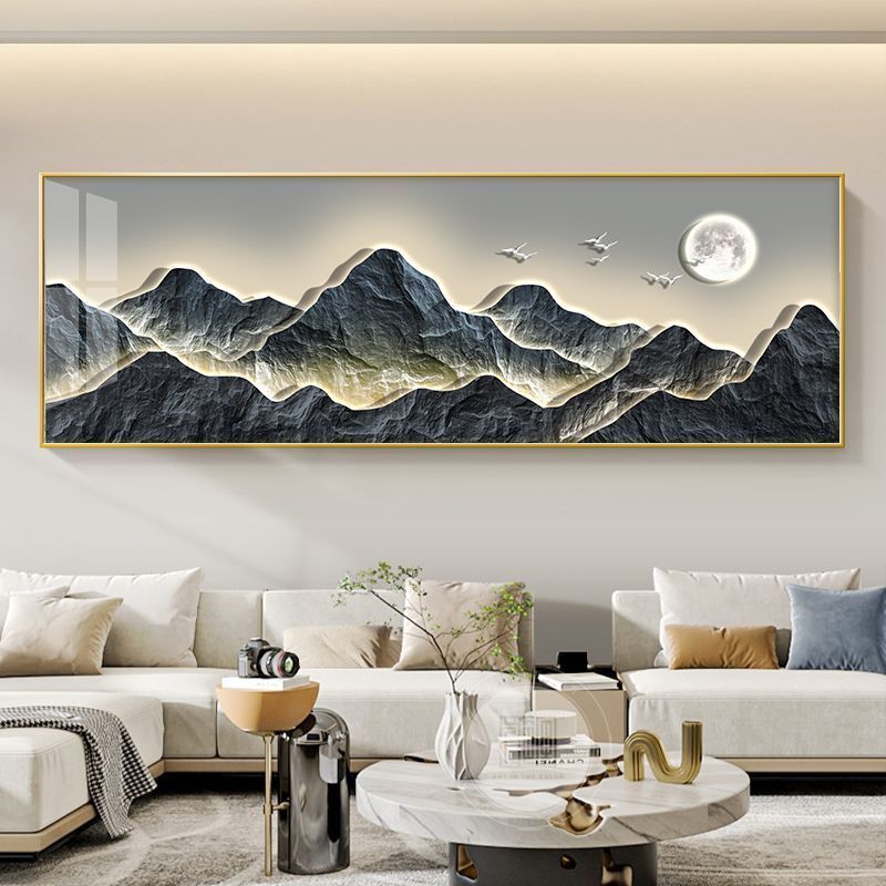 流水生財客間装飾画新中国式ソファー背景壁掛け画迎客松禅意茶室山水壁画|undefined