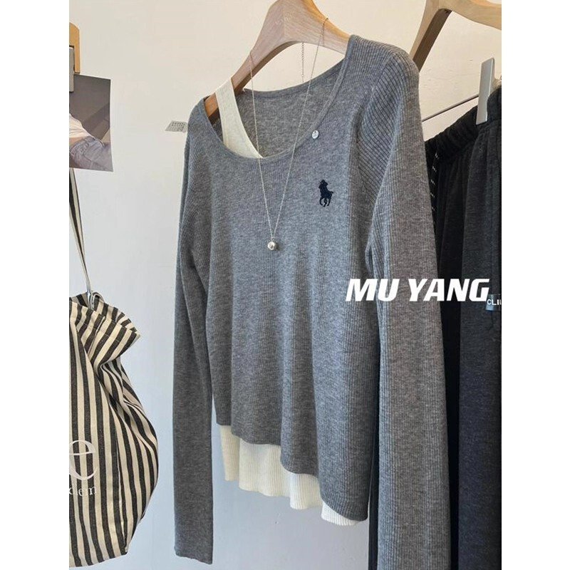 Fake Two-Piece Fine Wool Knit Sweater for Women, 2026 Autumn and Winter New Style, Embroidered Pony Design, Slim Fit, Stretchy Sweater Top