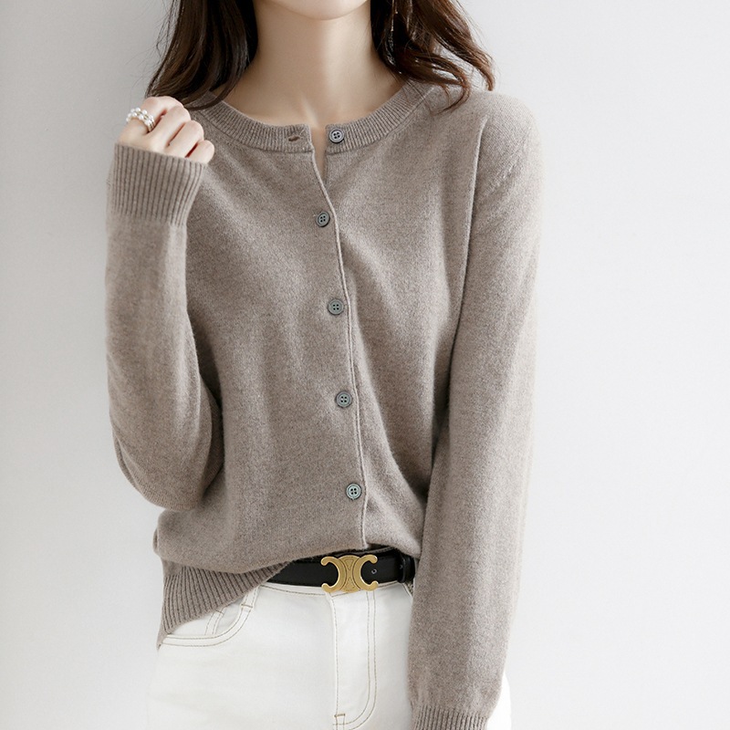 Cardigan 23 color sólido primavera nuevo punto corto de las mujeres cuello redondo Delgado suéter que basa la camisa manga larga más tamaño abrigo
