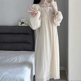 棉麻纱布连衣裙女春秋款薄款荷叶边少女显瘦纯棉中长款裙子家居服