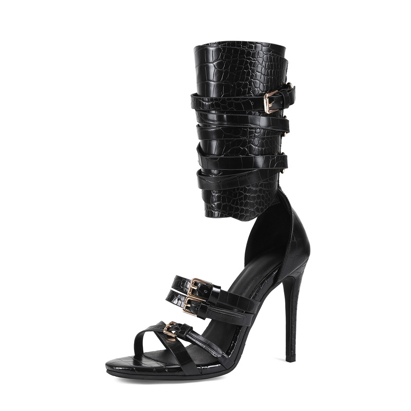 Foreign Trade Cross-Border Supply of Large Size High-Heeled Shoes for Women, European and American Sexy Crocodile Pattern Banquet Nightclub Amazon Roman Sandals