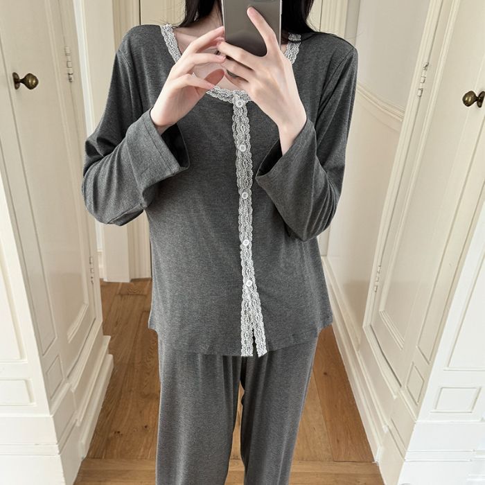 秋冬季带胸垫长袖睡衣女士休闲甜美花边长裤家居服两件套装开衫|undefined