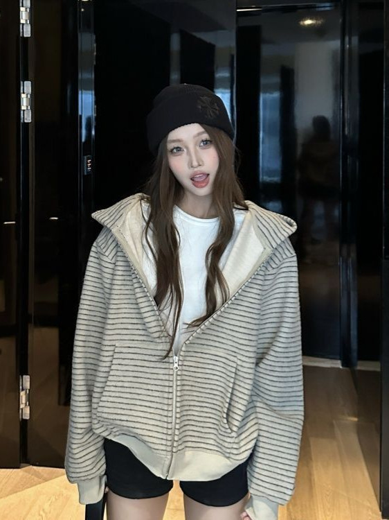 2025条纹连帽拉链外套小众运动休闲宽松美式开衫卫衣春秋季女百搭|undefined