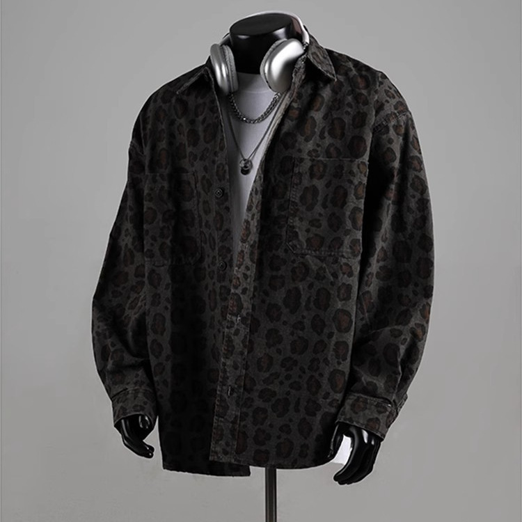 American Retro Leopard Print Shirt Light Luxury High-end Wearing Coat Trendy Brand European and American Street cleanfit Shirt for Men