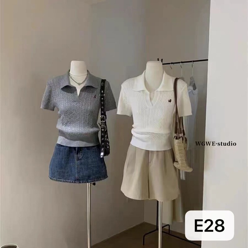 春夏新作女子学生風甘め若見えおしゃれ刺繍ケーブル編み半袖アイスシルクポロニットセーター|undefined