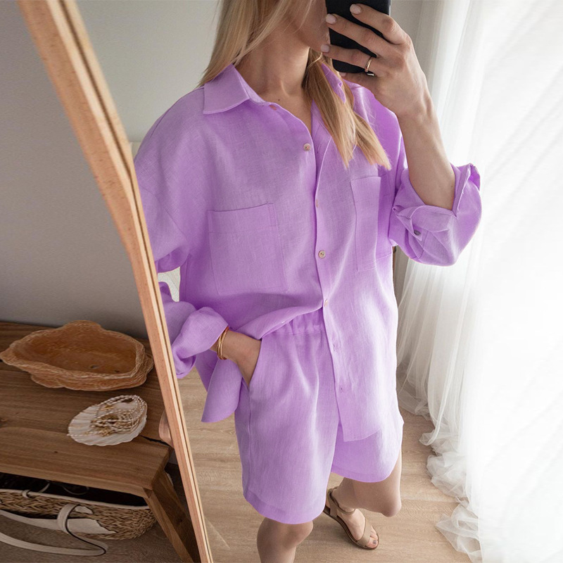 long sleeve loose high waist solid color cotton and linen shirt and shorts two-piece set NSONF136855
