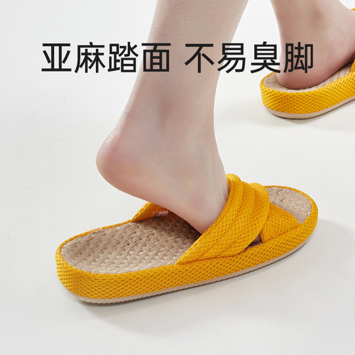 Optimal Cross Home Linen Cool Slippers for Women - Summer Indoor Home Breathable Noiseless Thick Sole Slippers - Cross-border