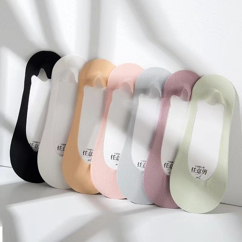 Ice Silk Adjustable Cut Boat Socks for Women, Vertical Stripe Cotton Base, Low-Cut, Invisible, Silicone-Backed, Summer, Solid Color, Non-Slip Socks—Wholesale