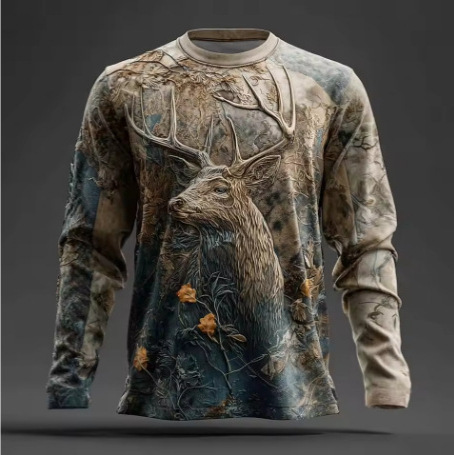2025 Men's Camouflage Deer Print Long Sleeve Shirt, 3D Graphic Crew Neck Top, Outdoor Street Fashion 2025 Men's Camouflage Deer Print Long Sleeve Shirt, 3D Graphic Crew Neck Top, Outdoor Street Fashion