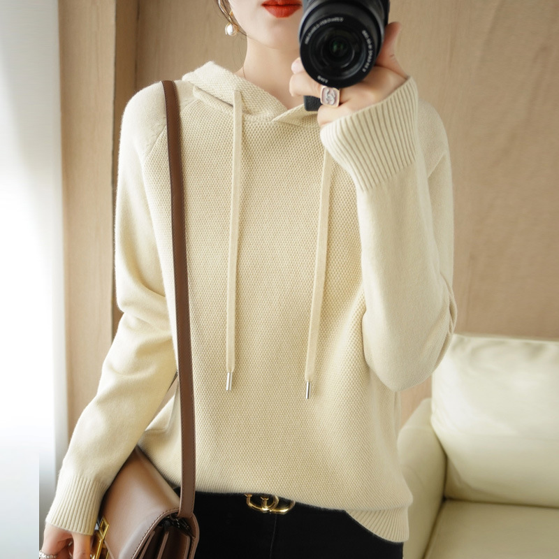2025 New Women's Knitted Sweater with Osmanthus Pattern, Hooded Pullover, Elegant Solid Color Long-Sleeve Commuter Soft Base Sweater