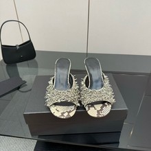 2025夏季蛇纹钉珠坡跟高跟凉拖鞋仙女圆头露趾坡跟凉拖鞋女高级感