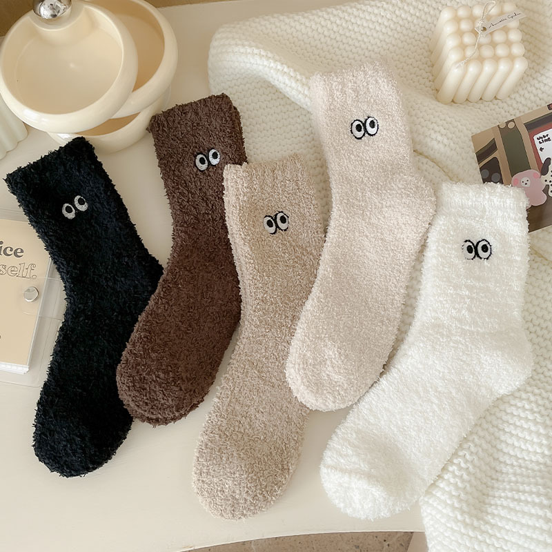 100g Weight Socks Classification Socks Lingerie Type coral fleece Fabric Type A Pair Quantity Home, Sleeping Occasion Eye, Solid Color Pattern Winter Season Women's Gender Cute Style Women's Cute Eye Solid Color Coral Fleece Crew Socks A Pair 12